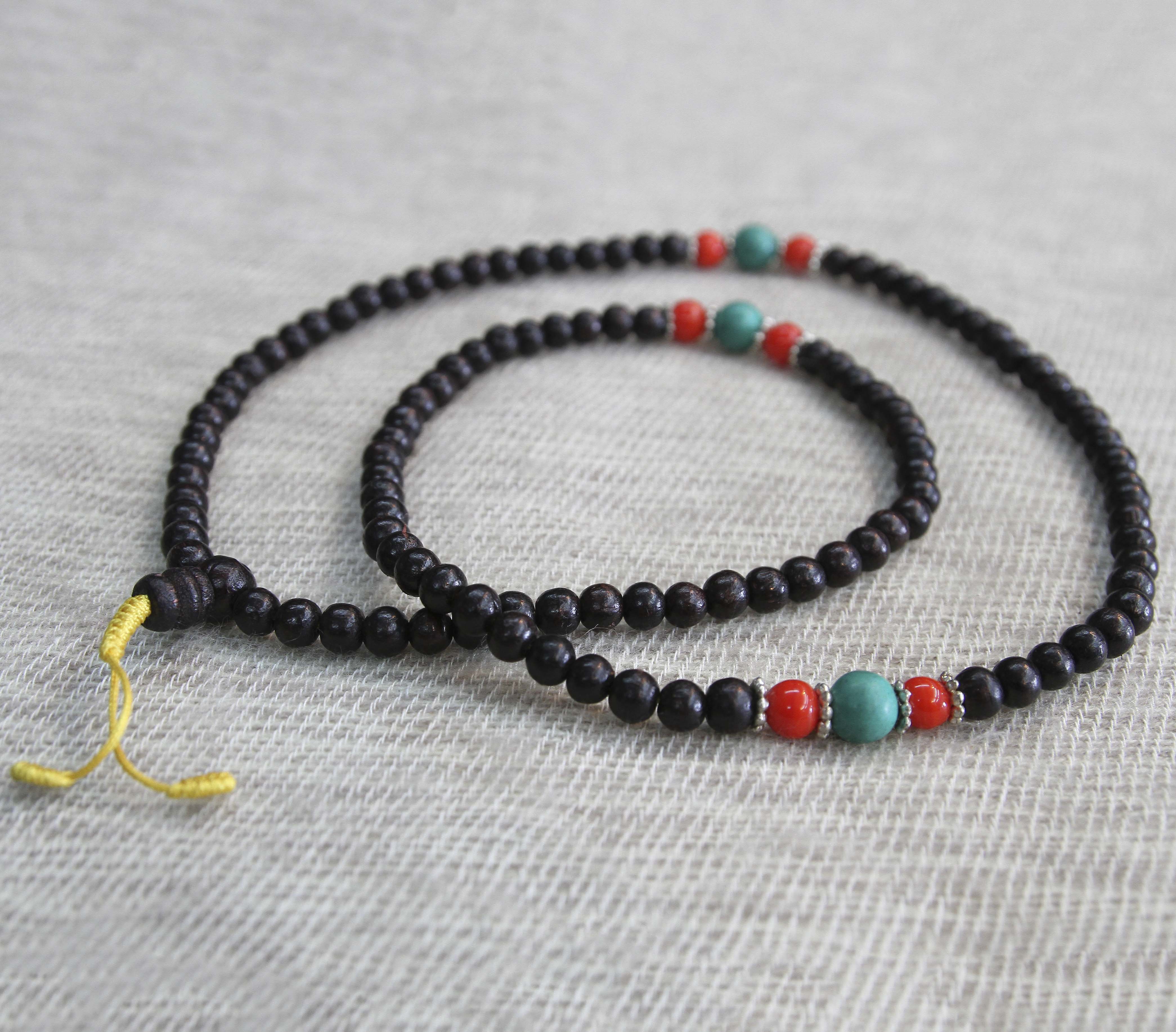 Wood Mala with Turquoise & Coral