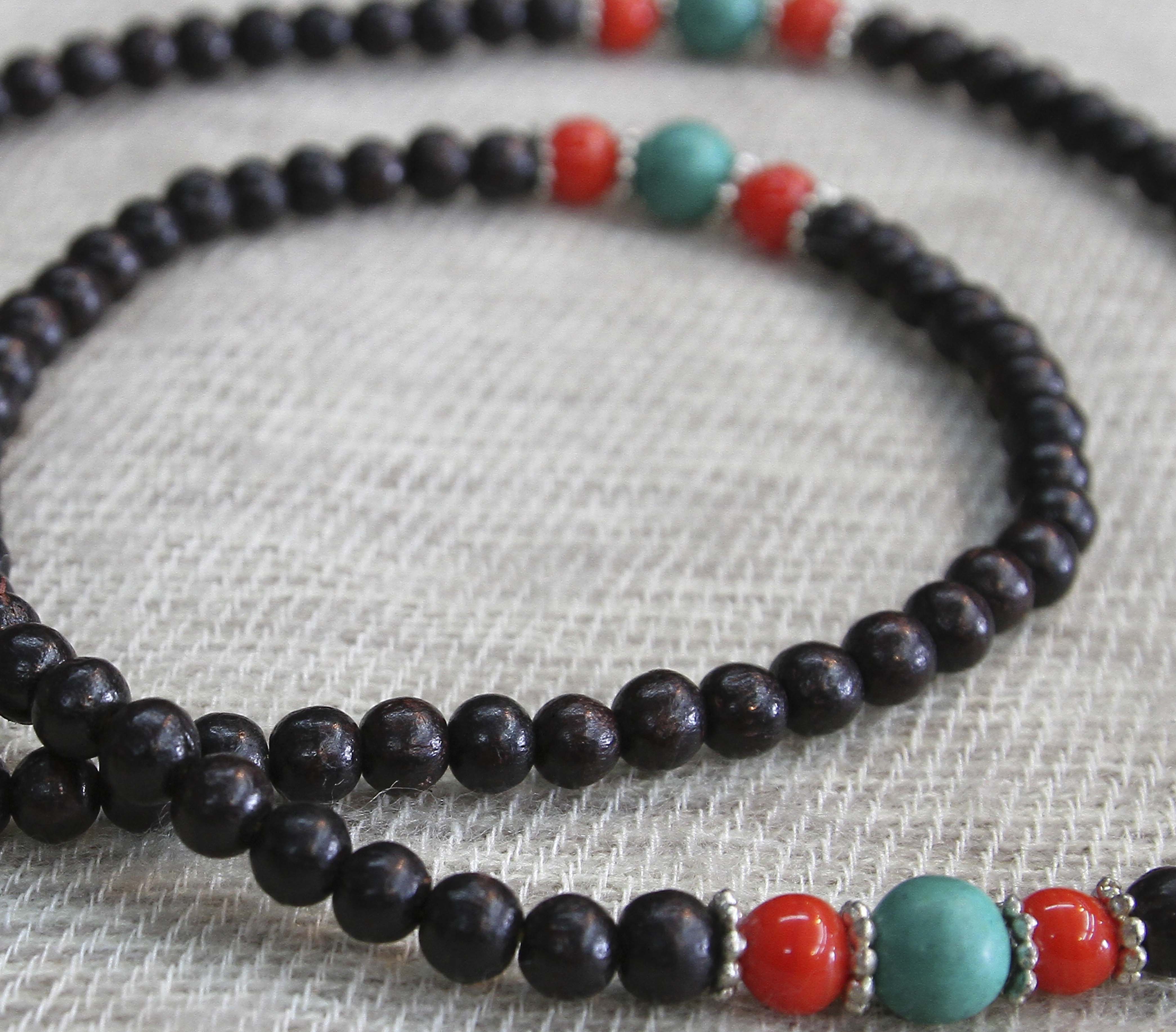 Wood Mala with Turquoise & Coral